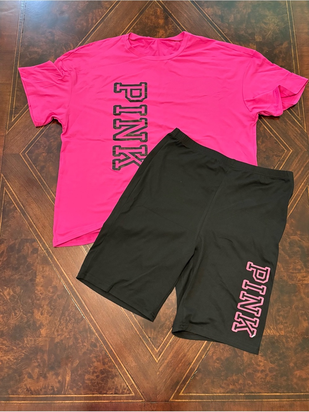 Temu Hot Pink Tee with Black Bike Shorts Set